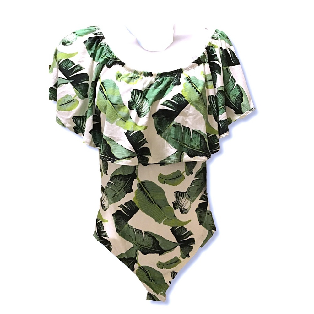 Palm Ruffle Cold Shoulders Bodysuit